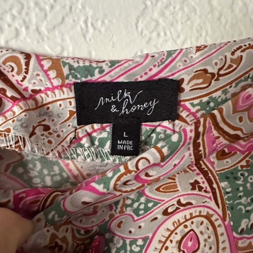 Milk and Honey Elegant Paisley Pink Satin Wide Leg Pants Pink & Green - Size L - Picture 2 of 6